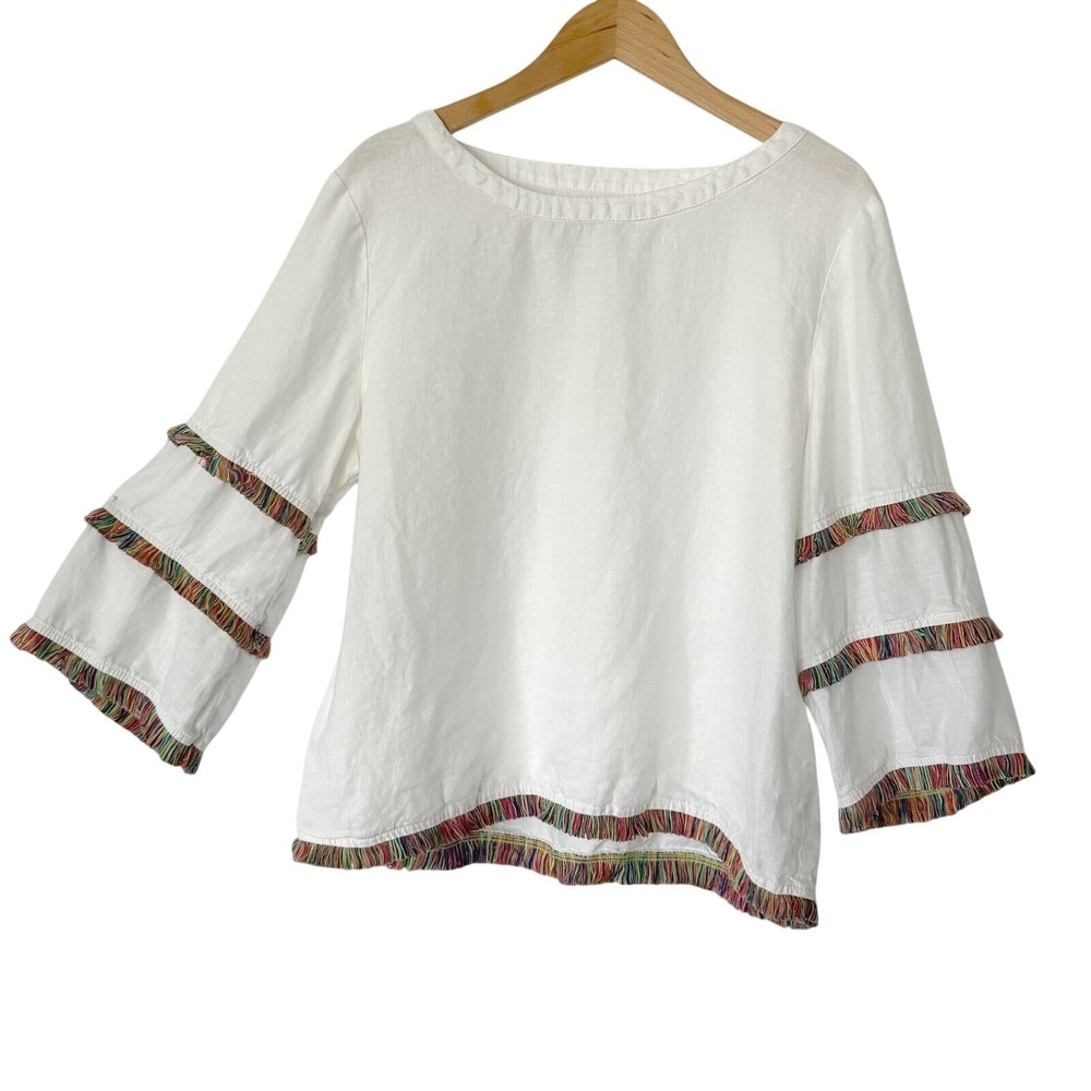 Cynthia Rowley Linen Petite PL White Fringe Blouse Coastal Resort Vacation